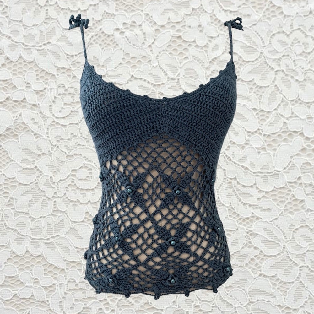 vintage y2k blue crochet beaded tank top